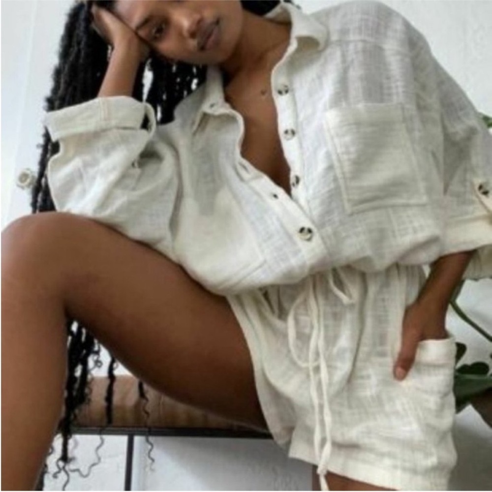UO | Ivory  Button-Up Cotton Romper